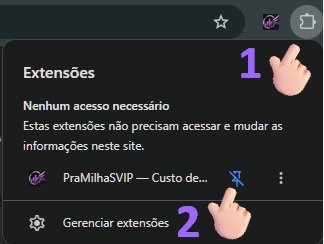 Menu de extensões do Chrome com PraMilhaSVIP listada