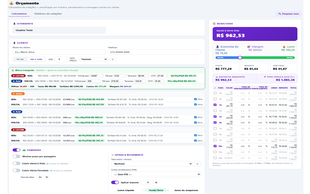Tela Orçamento — calculadora de cotações